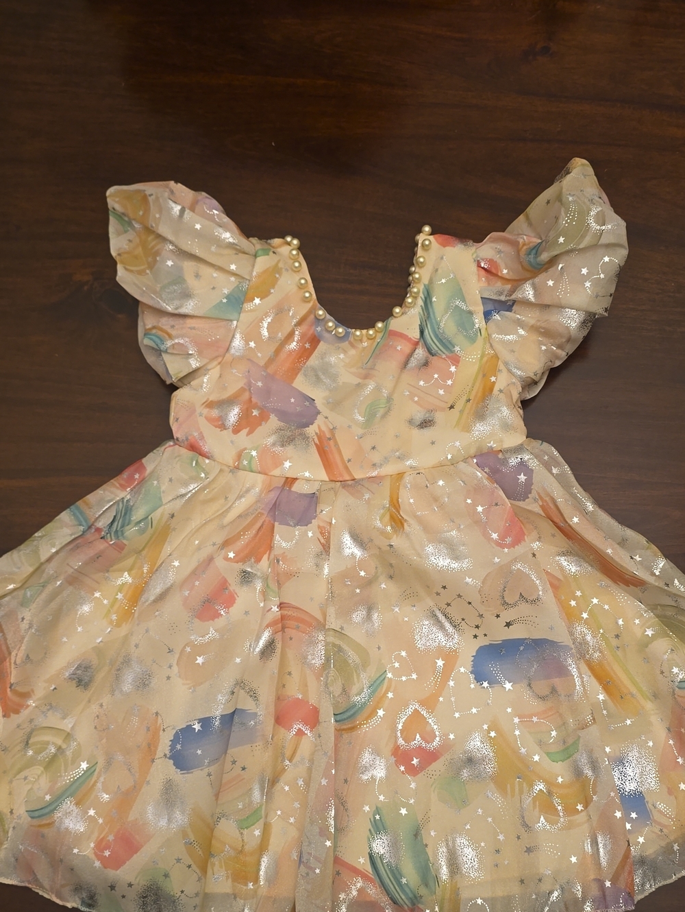 Girls Cream Rainbow Sparkle Tulle Dress with Pearl Trim